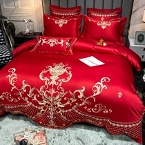 Total Cotton Wedding Celebration Four Pieces Large Red Embroideries 60 Washed Real Silk New Wedding House Bed Linen Bedclothes Bedding