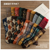 Midsize socks womens ins Korea BAO WEN pure cotton socks Japanese ringge retro wool pile socks women plus winter thick socks