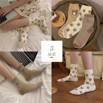 Fine strips Korean version of ins cute cartoon bear socks female spring and summer students thin tube socks