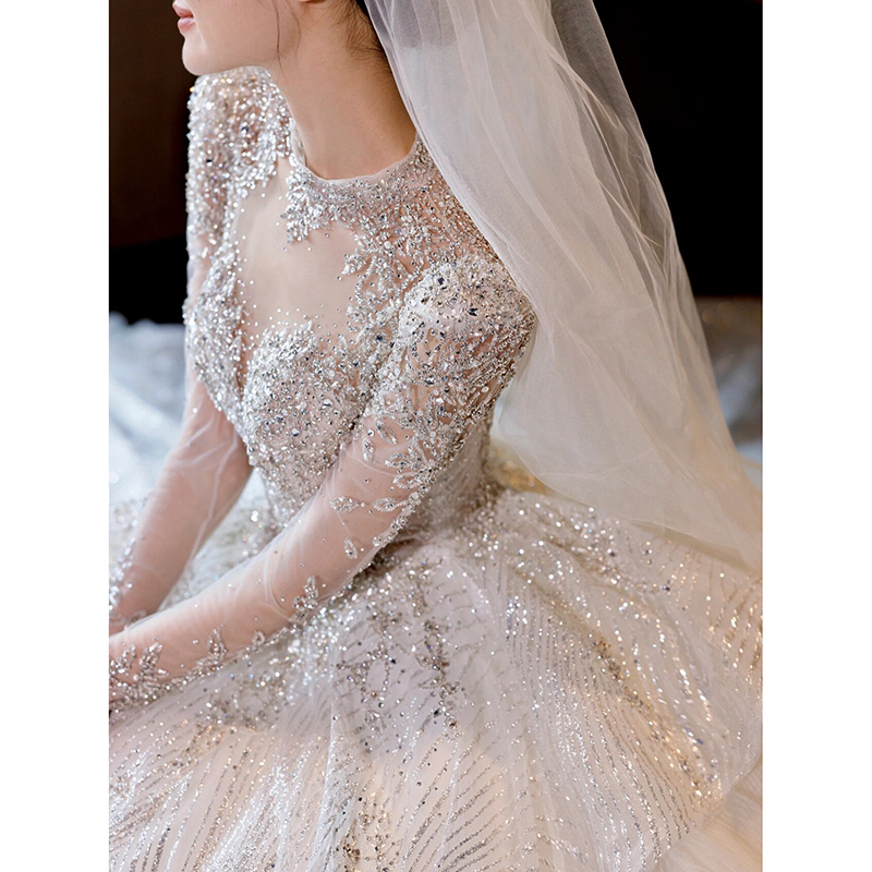 Long sleeve wedding dress 2023 new bridal main yarn palace imperial high sense Heavy workout style little sub pregnant woman trailing winter-Taobao