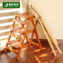 Installation-free solid wood household ladder Folding three-step ladder thickened dual-use climbing stool Indoor multi-function ladder stool