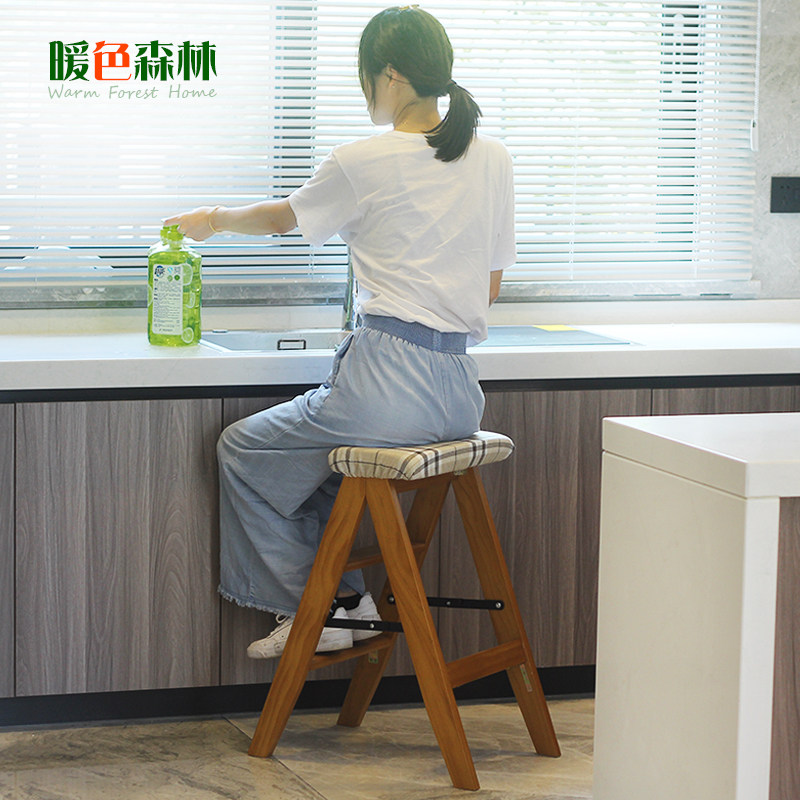 Solid wood folding ladder household multi-function staircase kitchen high bench height ladder simple bar bench