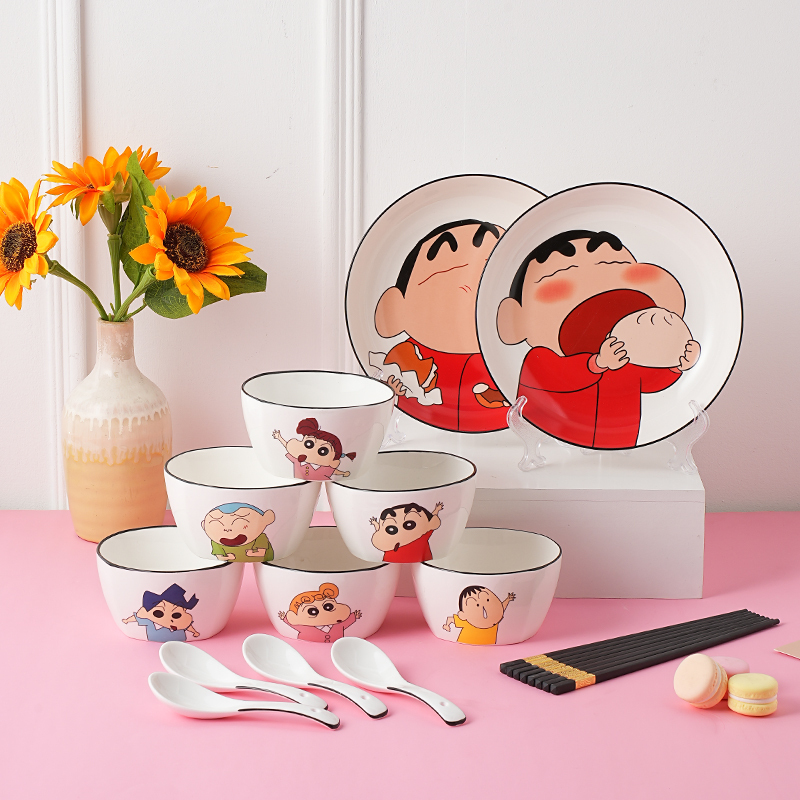 Crayon Shin-Chan Ceramic Rice Bowl and Plate Set, High-Quality Deep Dish, Cartoon Couple, High-Quality Household Use