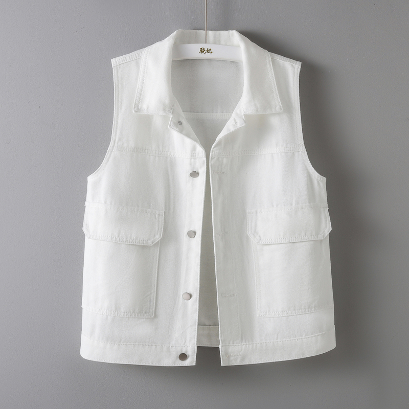 White Denim Vest for Women, 2026 Autumn Sleeveless Vest with Large Pockets, Slim Fit, Stylish and Trendy
