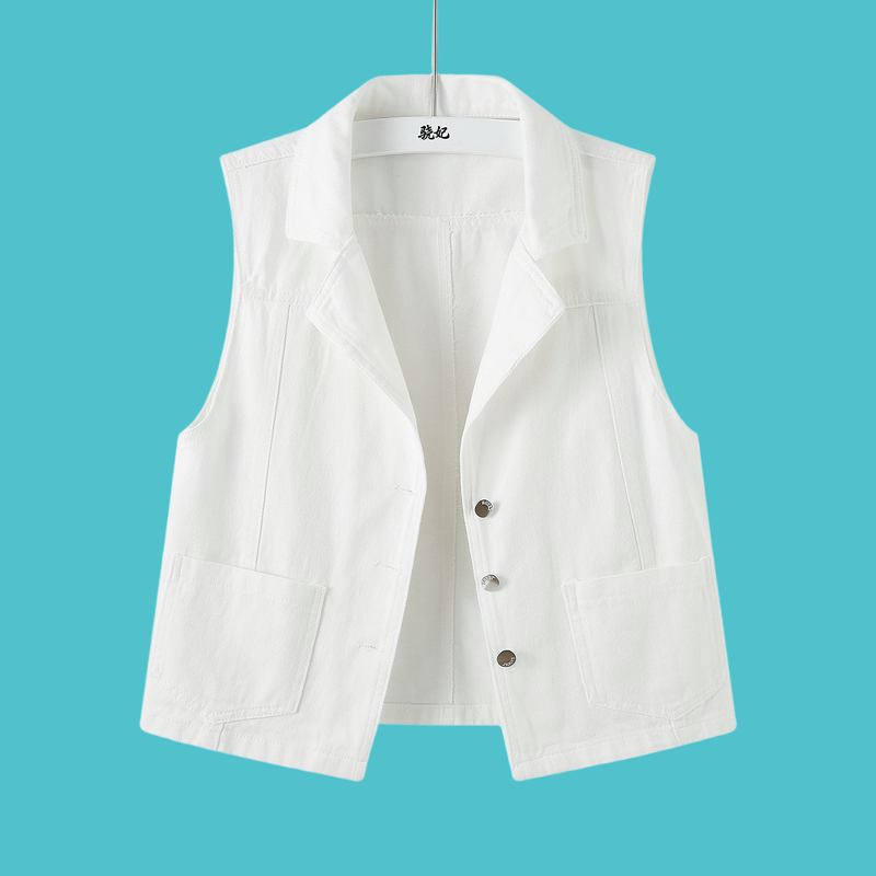White Lapel Single-Breasted Denim Jacket for Women, Versatile and Slimming Sleeveless Outerwear for Autumn 2026, Stylish and Elegant Top White Lapel Single-Breasted Denim Jacket for Women, Versatile and Slimming Sleeveless Outerwear for Autumn 2026, Stylish and Elegant Top