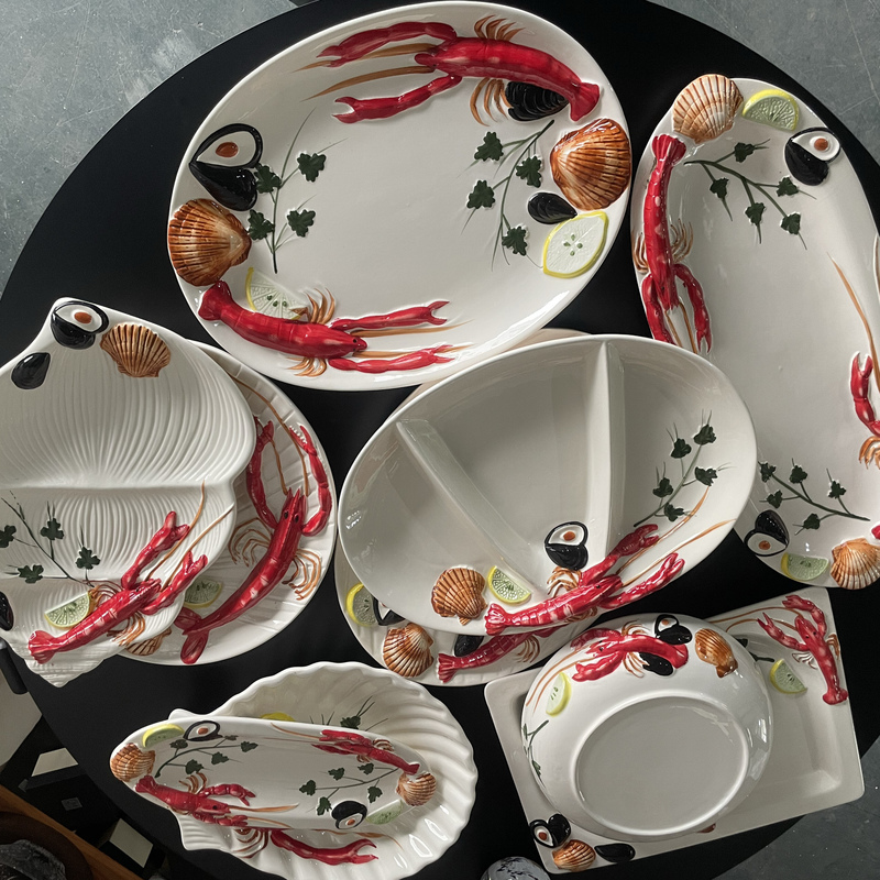 Japanese-Style Ceramic Serving Plate for Home Use, Three-Dimensional Lobster Relief, Hand-Painted Dinner Plate, Fish Plate, Large Plate with Compartments, Seafood Platter for Export Japanese-Style Ceramic Serving Plate for Home Use, Three-Dimensional Lobster Relief, Hand-Painted Dinner Plate, Fish Plate, Large Plate with Compartments, Seafood Platter for Export