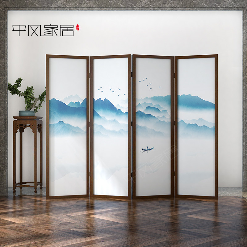 New Chinese solid wood screen Xuanguan partition Decorative Living Room Office Hotel Semi-Overpass Folding Mobile Landscape Folding Screen