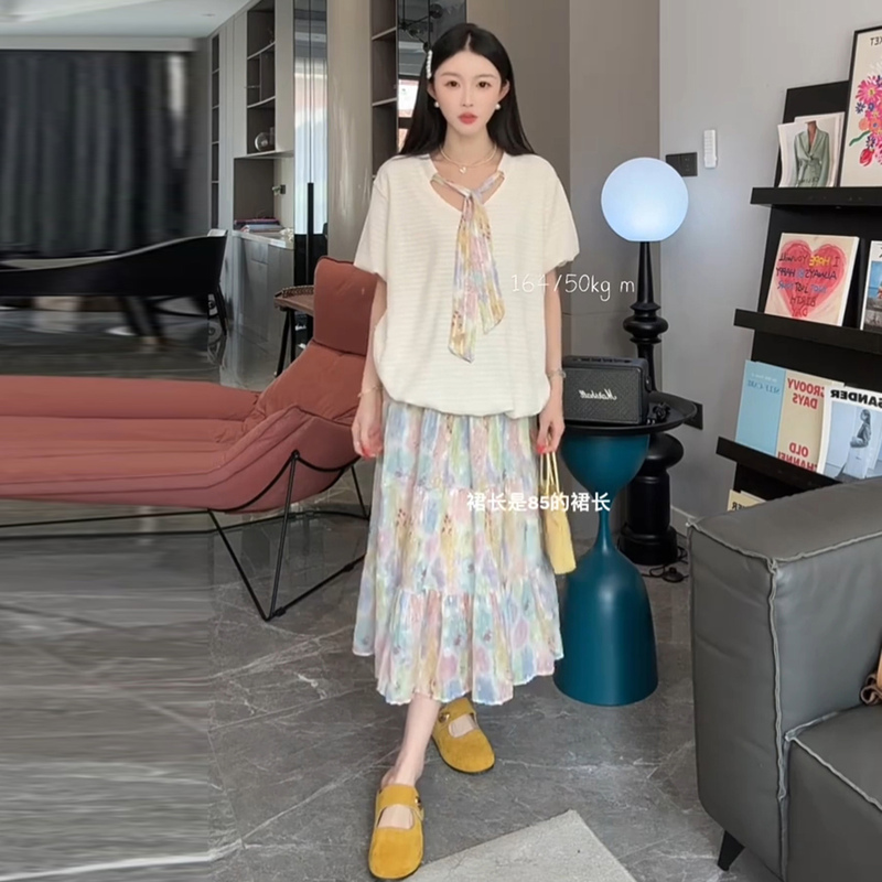 Maternity Wear, Sweet Style Summer Suit, Loose and Fashionable Korean Style Tie Top, Floral Skirt, Two-Piece Set for Outer Wear