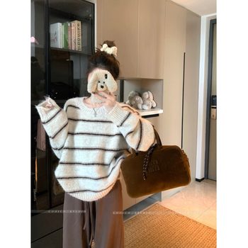 Loose and lazy style high-end pullover sweater for women autumn and winter 2025 new korean autumn striped sweater top