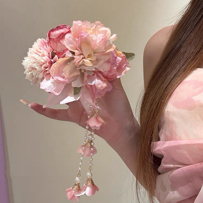 Teng Hua's Love: Super Fairy Pink Tassel Flower Hair Clip for Women, Cheongsam Side Clip, Hair Accessory, Multi-functional Hair Bun Maker