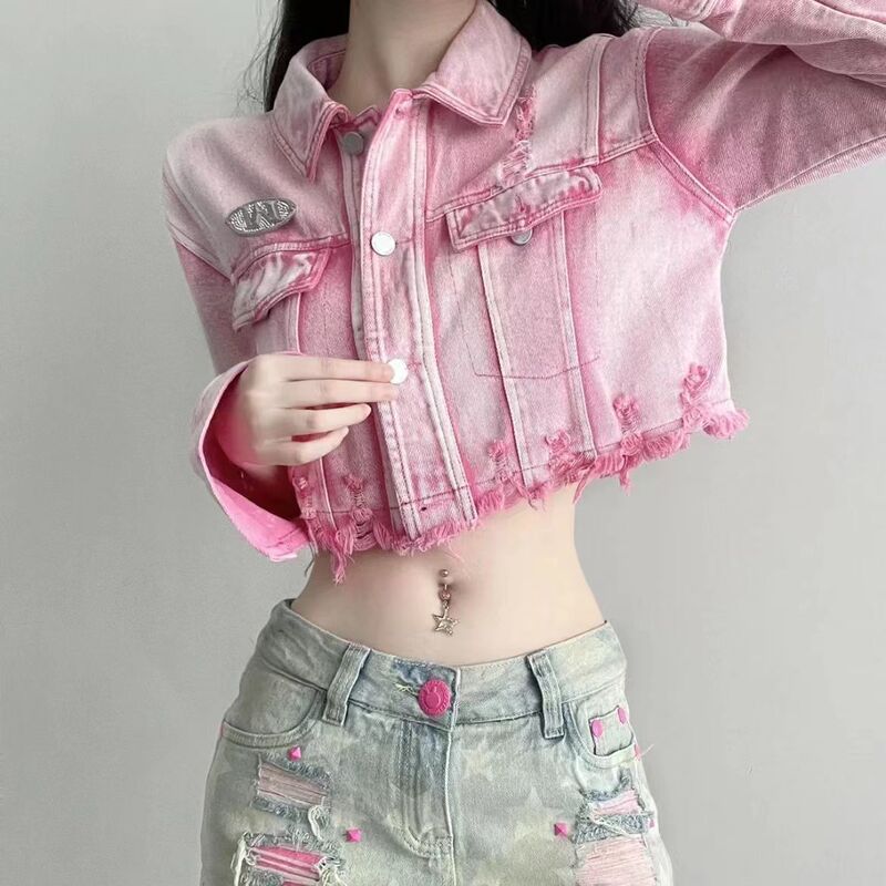 2026 Autumn Hot Girl Pink Washed Distressed Denim Short Jacket Loose Fashionable Jacket ins Top National Trend Brand 2026 Autumn Hot Girl Pink Washed Distressed Denim Short Jacket Loose Fashionable Jacket ins Top National Trend Brand