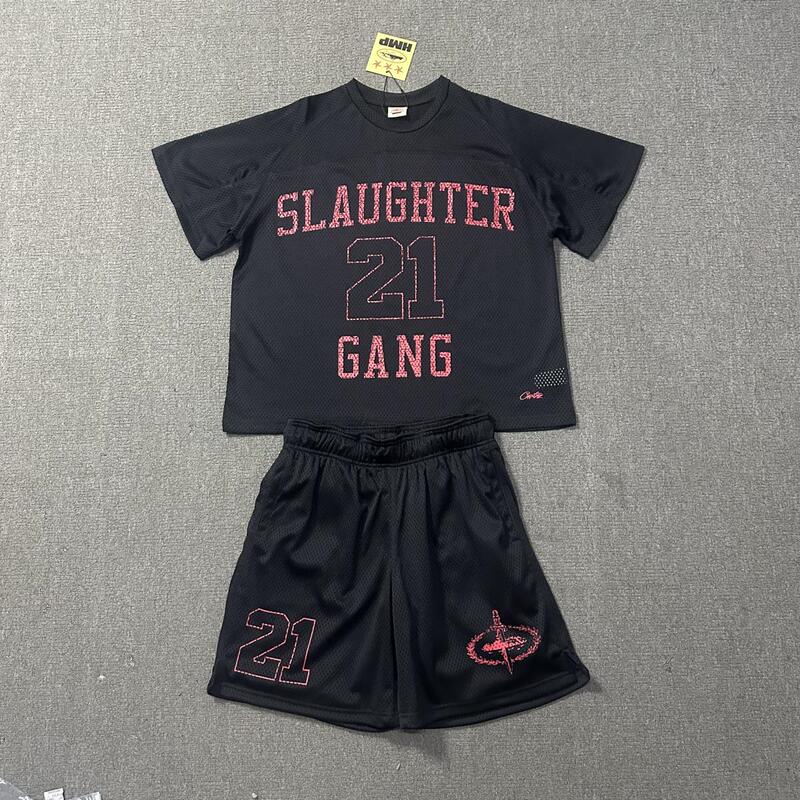 Corteiz 21Savage Summer Short-Sleeved Suit European and American Star Mesh Ukdripdrill Hip-Hop Shorts