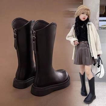 Children's Shoes, Long Boots, Girls' Martin Boots, Fleece-Lined High-Top Leather Boots, Fashionable Autumn and Winter New Popular Style, Double Cotton Chimney Boots