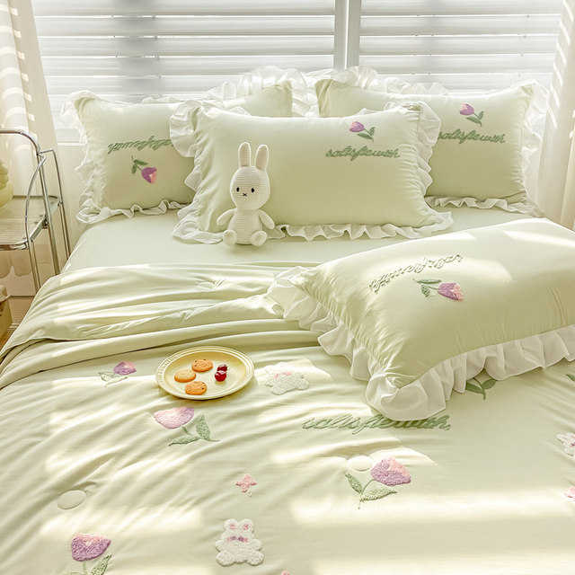 Princess style embroidered tulip lace summer cool quilt bed sheet four-piece set pure cotton-conditioning thin quilt single piece girly heart