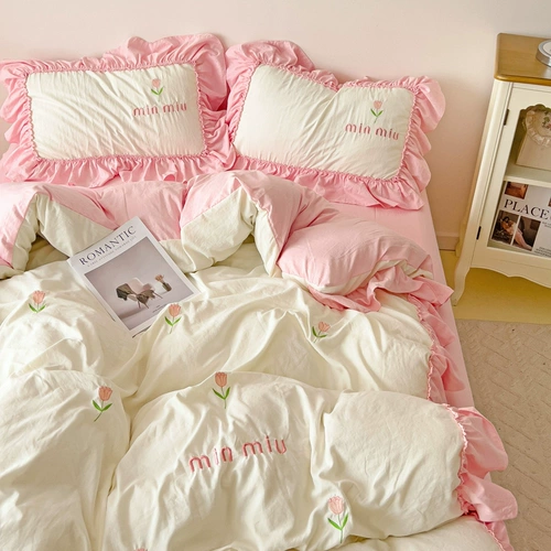 Простыня для принцессы, хлопковый комплект, пододеяльник, французский стиль, 4 предмета, с вышивкой