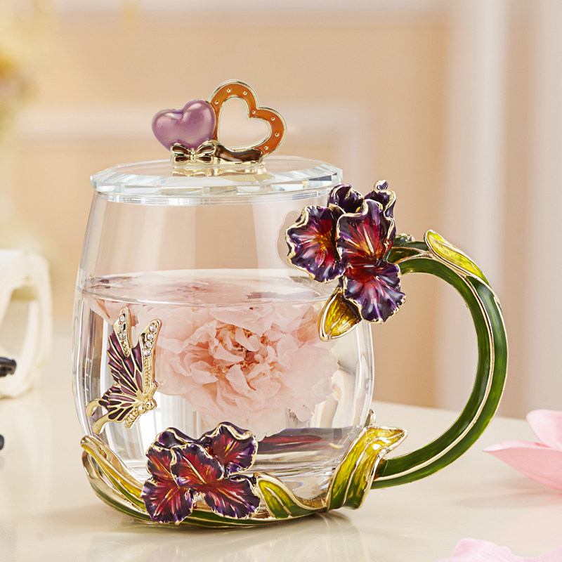 Iris flower enamel water cup creative glass office teacup coffee cup mug with lid and spoon