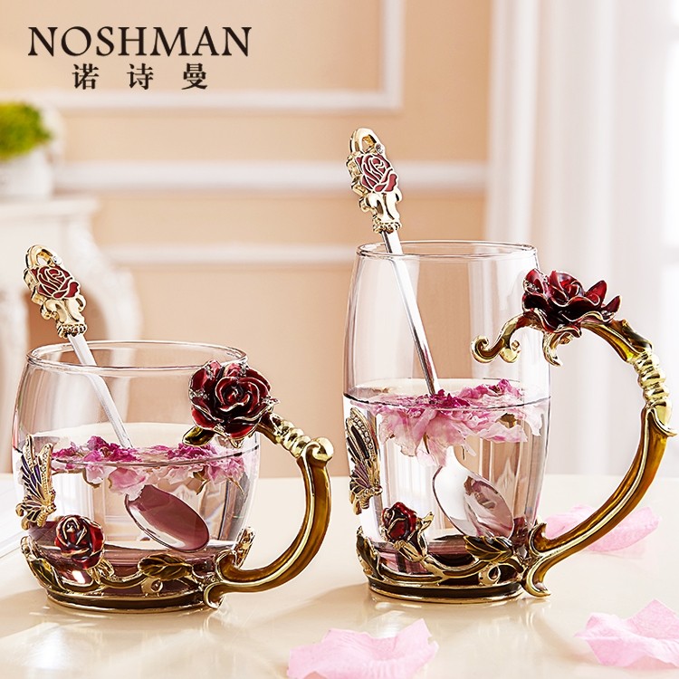 Nordman enamel colored water cup female high value crystal glass flower tea cup high-grade tea cup exquisite coffee cup