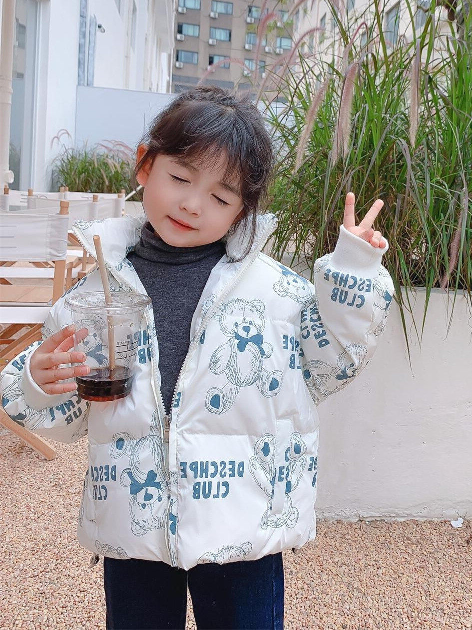 OKAIDI French children's down clothes 90 white duck suede girls winter dress Korean version of graffiti jacket baby thickened blouses