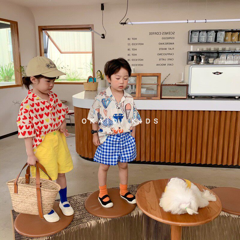OKAIDI French children 2022 Summer suits collar shirts older girls Girl Girl Cartoon Printed Short Sleeve Blouse