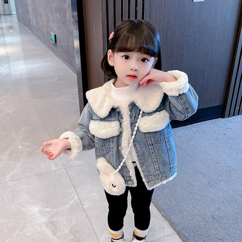 OKAIDI French girl plus velvet thick autumn and winter western style denim jacket baby Korean version princess top casual