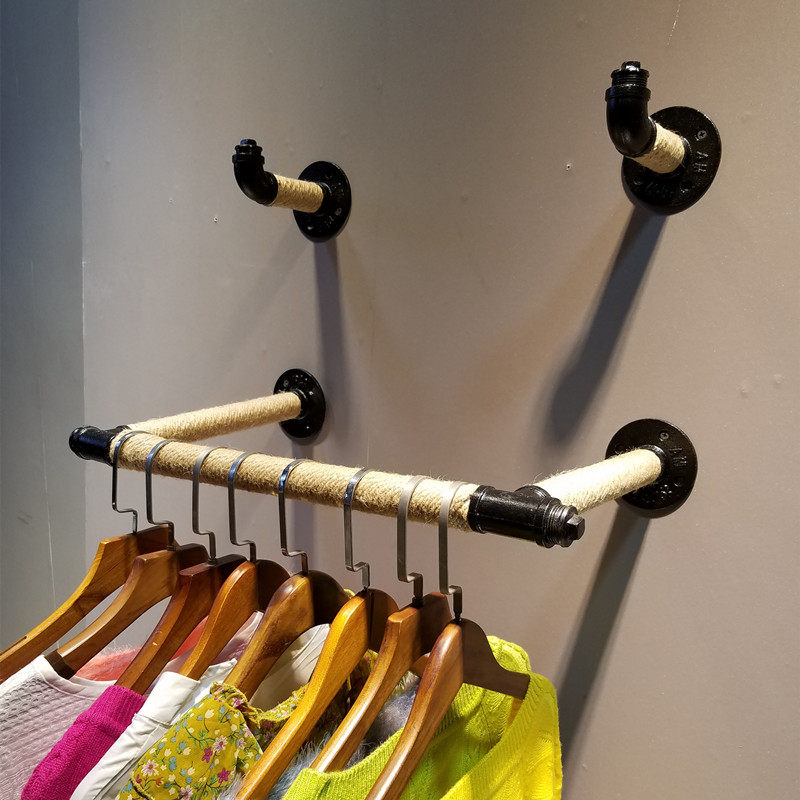 Clothing Store Display Rack Upper Wall Shelves Hemp Rope Water Pipe Side Hanging Women's Clothing Rack Iron Art Wall Wall-mounted Racks