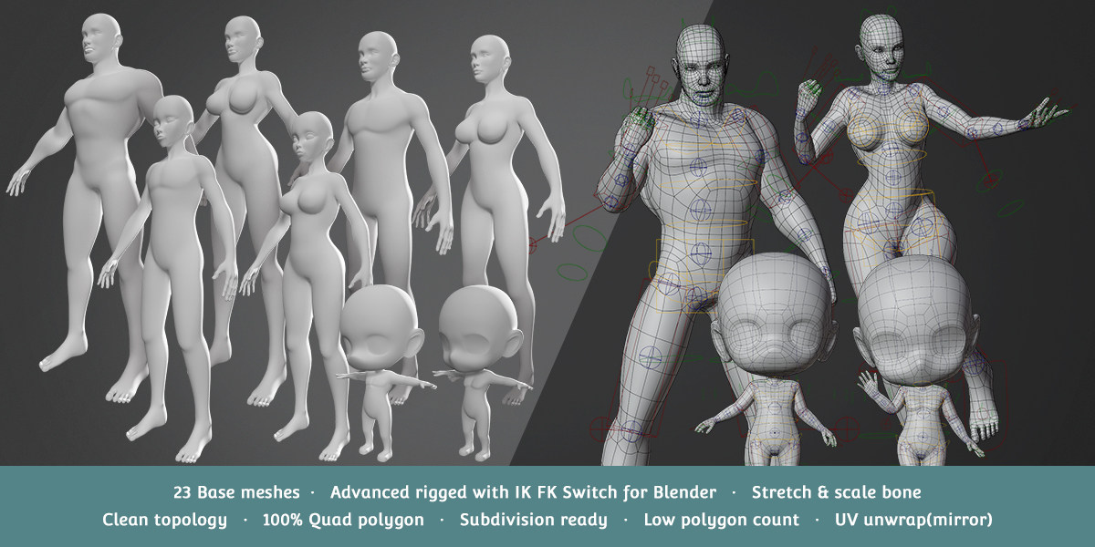 基础人模角色绑定包 Base Meshes Character Starter Kit + Rig-魔酷网