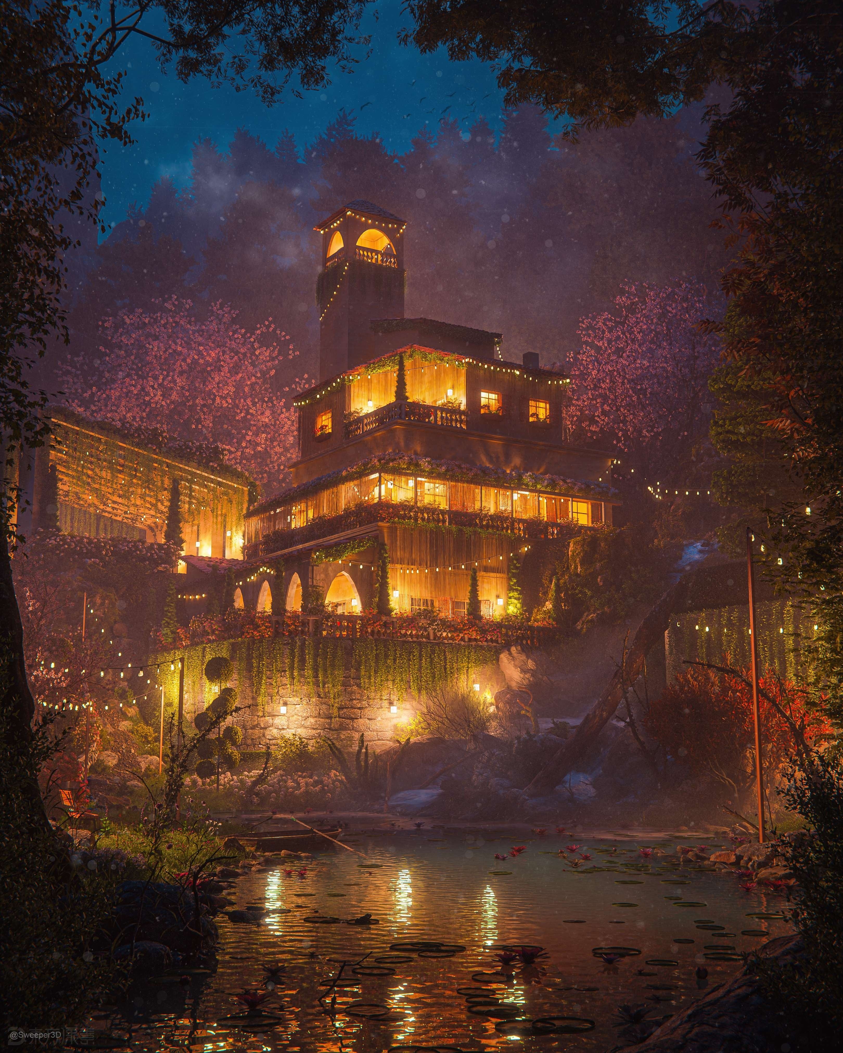 灯火通明的林中小屋-魔酷网