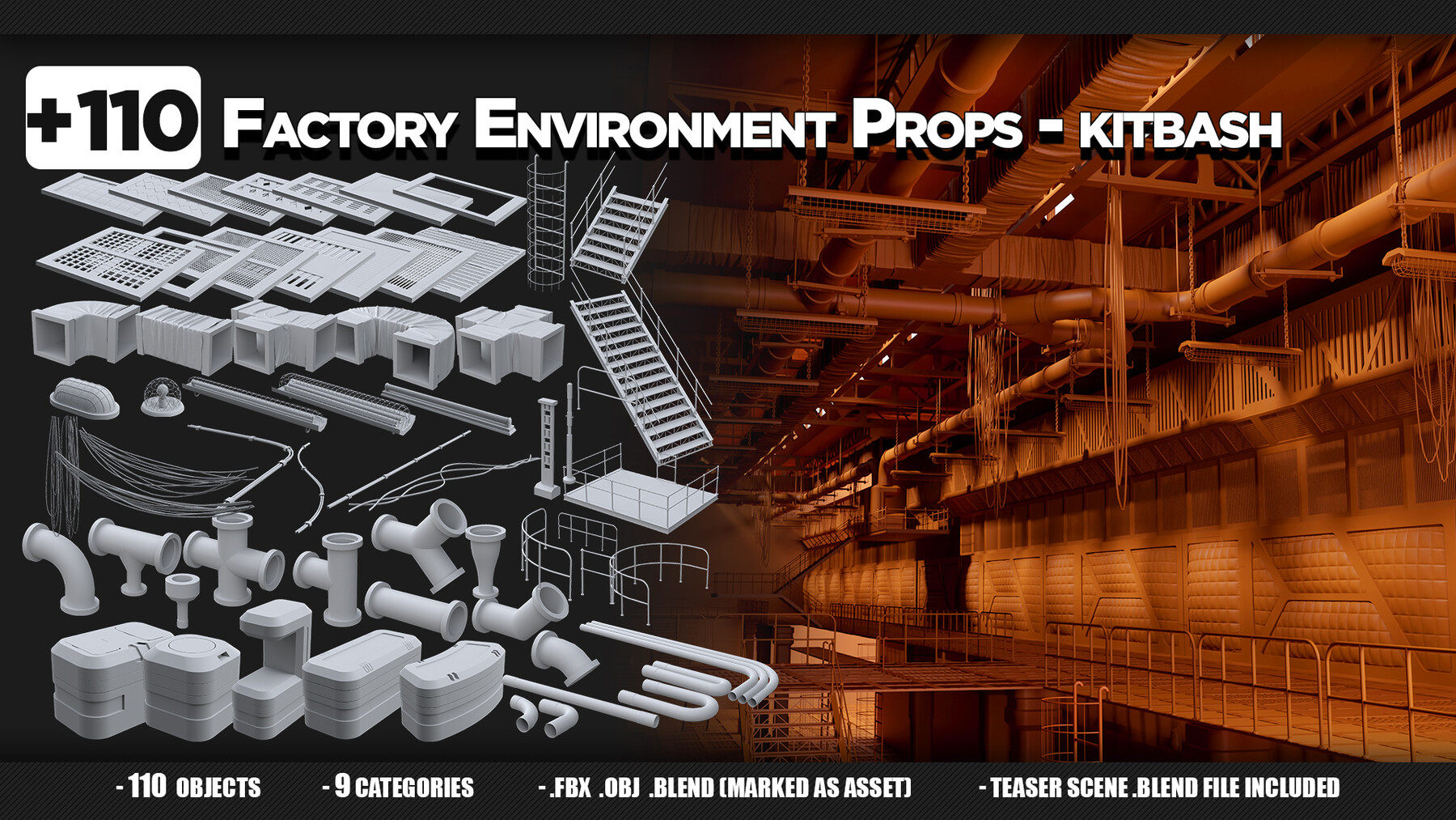 110款工厂零部件 110 Factory Environment Props - KITBASH-魔酷网
