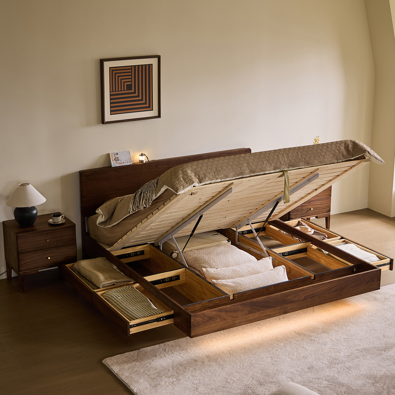 North American Black Walnut Suspended Bed, Air Pressure Bed, All Solid Wood High Box Storage Bed, 1.8m Bed with Drawer Storage Box