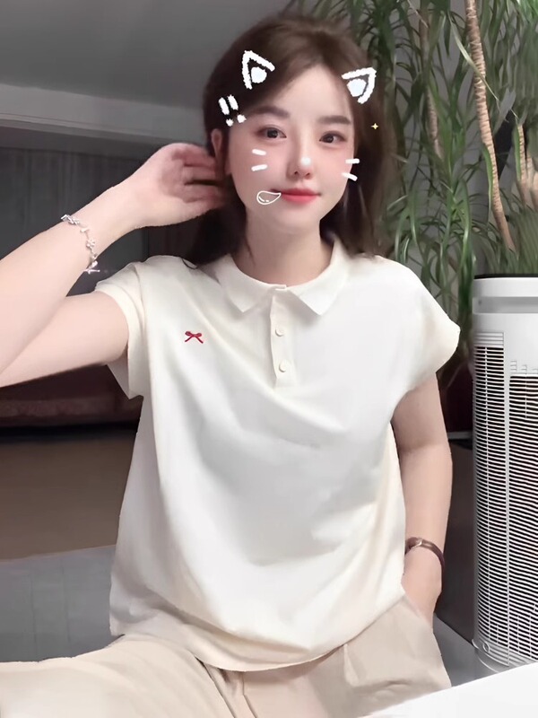 White Loose-Fitting Versatile Lazy Style Polo Collar Short-Sleeve T-Shirt for Women, Popular Bowknot Embroidered Top for Summer