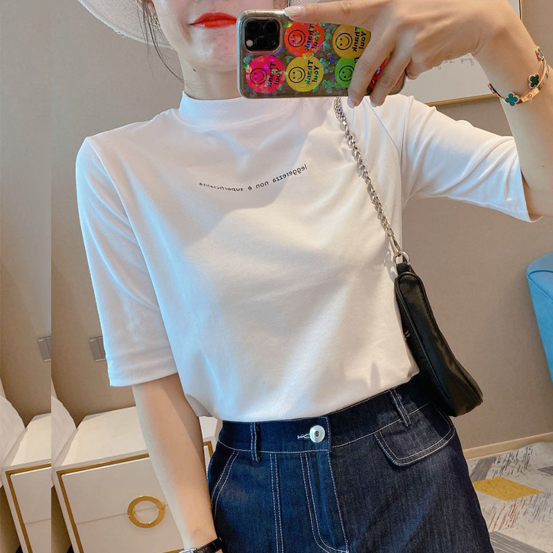 Pure Cotton White Stand-Collar Waist-Cinching Short-Sleeve Undershirt for Women, Spring and Autumn Ribbed Short-Sleeve T-Shirt for Summer