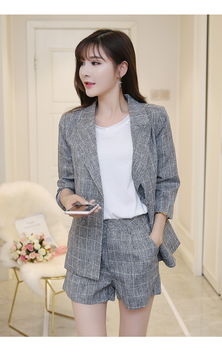 DABI 韓國風棉麻七分格子西裝短褲OL時尚套裝短袖褲裝