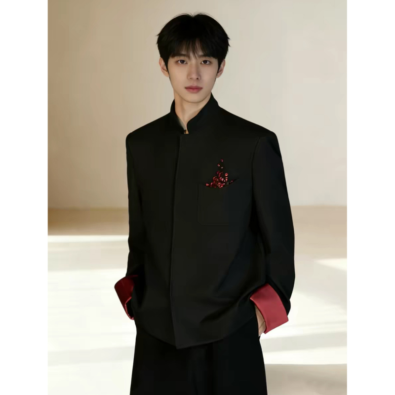 New Chinese-Style Zhongshan Suit for Men, National Style Stand-Up Collar, Loose Casual Suit Jacket, Wedding and Engagement, Color-Blocking Design