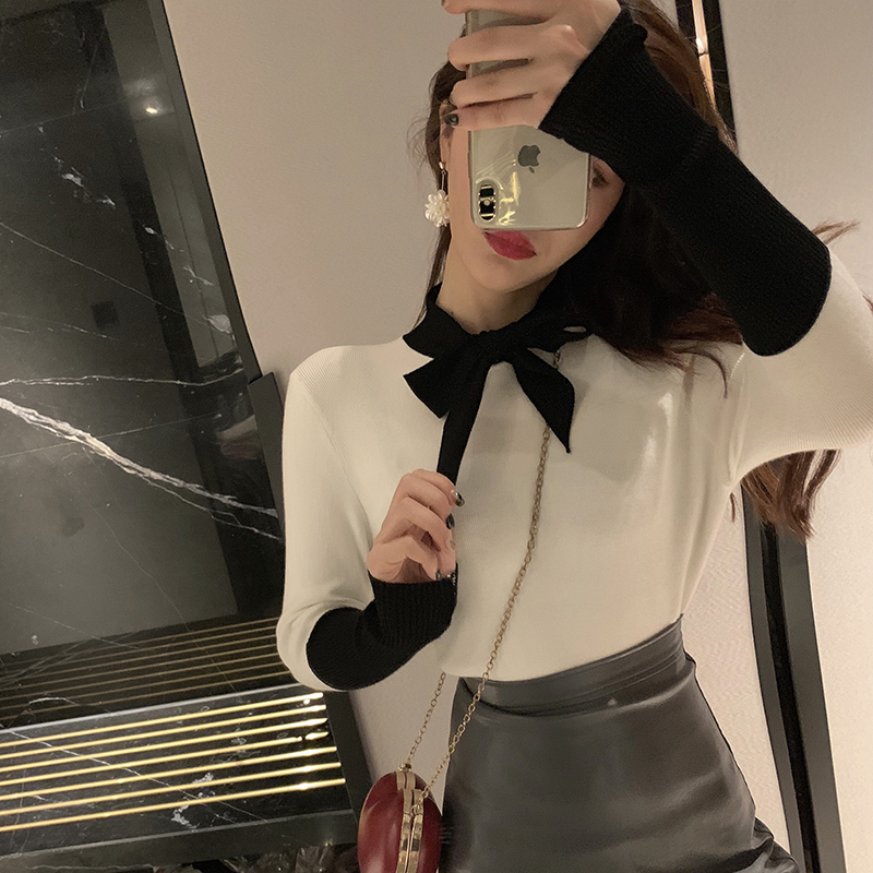 VK旗艦店 韓國風蝴蝶結拼色針織衫長袖上衣