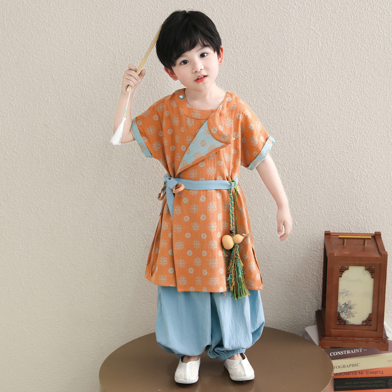 Everyday Wearable Hanfu Short-Sleeved Suit for Boys, Summer Long Pants, New Children's Tang Suit, Baby Tang Dynasty Clothing, Chinese Style Everyday Wearable Hanfu Short-Sleeved Suit for Boys, Summer Long Pants, New Children's Tang Suit, Baby Tang Dynasty Clothing, Chinese Style