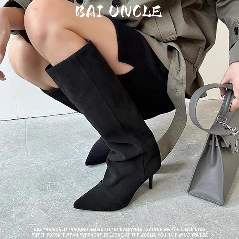 Cowhide Version ~ Minimalist Style Pleated Stiletto Knee-High Boots for Women 2026 New Retro High-Heeled Riding Boots Height-Increasing Short Boots Cowhide Version ~ Minimalist Style Pleated Stiletto Knee-High Boots for Women 2026 New Retro High-Heeled Riding Boots Height-Increasing Short Boots