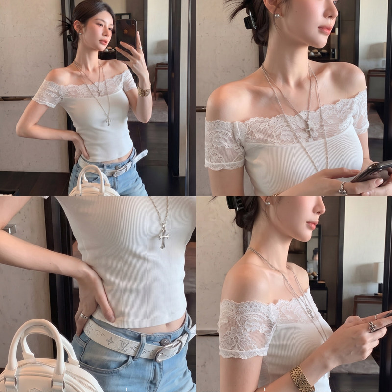 Cool and Atmospheric White Off-Shoulder Lace T-Shirt for Women 2026 Summer Slim-Fit Short Off-Shoulder Tight-Fitting Short-Sleeve Top Cool and Atmospheric White Off-Shoulder Lace T-Shirt for Women 2026 Summer Slim-Fit Short Off-Shoulder Tight-Fitting Short-Sleeve Top