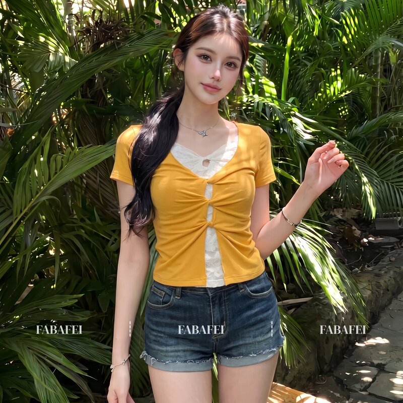 Psychedelic Gradient Lace Fake Two-Piece T-Shirt for Women 2026 New Niche Design Hollow-Out Twist Short-Sleeve Top