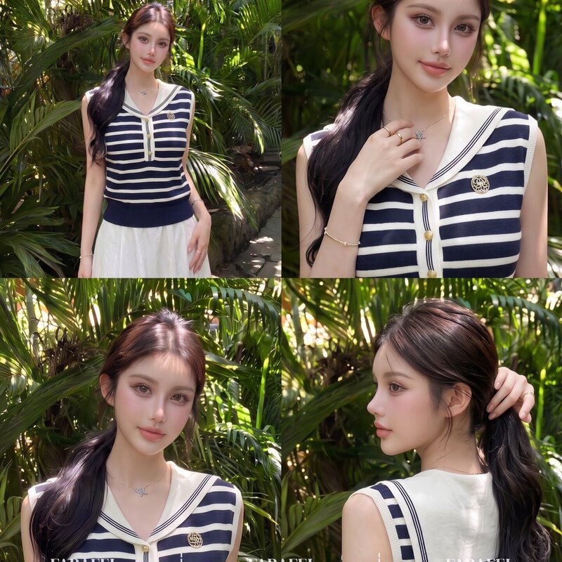 Korean-Style Relaxed Navy Collar Knitted Vest for Women, New Summer Striped Badge Single-Breasted Slim-Fit Sleeveless Top