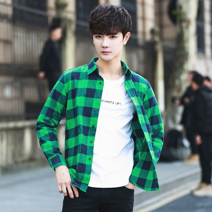 黑白格子衬衫男长袖春秋装学生青少年韩版寸衬