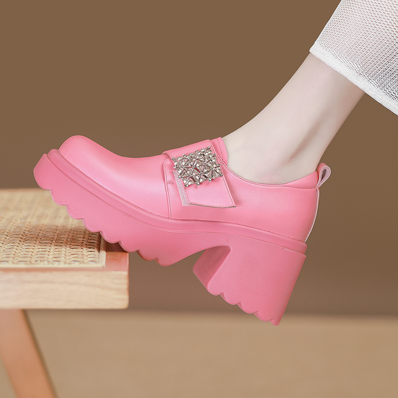 8cm High-Heeled Chunky Platform Loafers for Women, Slip-On Rhinestone Shoes, British Style Pink Height-Increasing Leather Shoes