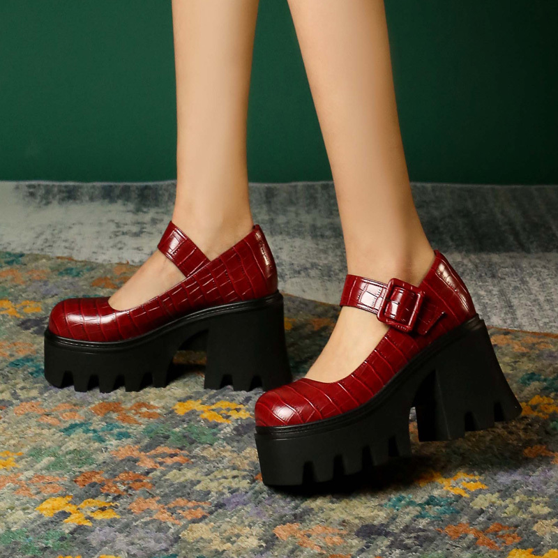 Genuine Leather Ultra-High Heel Platform Shoes for Women, New Fashion Burgundy Waterproof Platform Shoes with Belt Buckle for Petite Women
