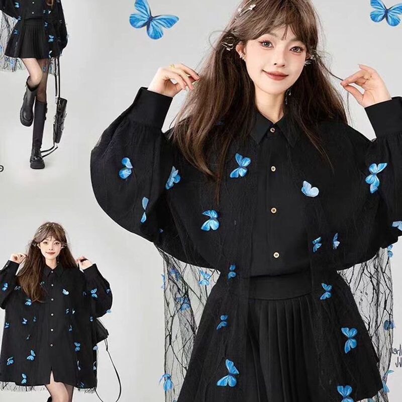 [Xu Feng Butterfly Dance] Three-Dimensional Flower Slim Black Long-Sleeved Shirt Spring and Summer Light French Style Embroidered Lace Splicing Top