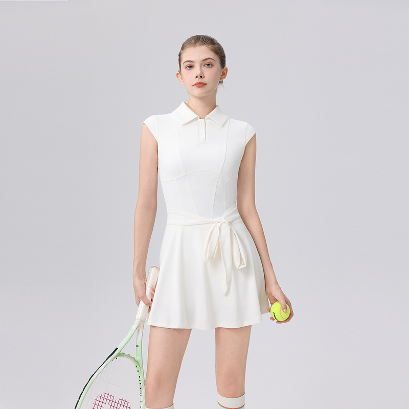 Beautiful Tennis Dress for Women, White Sleeveless Tennis Dress, Waist-Cinching Slimming Sports Dress, Quick-Drying Badminton Dress