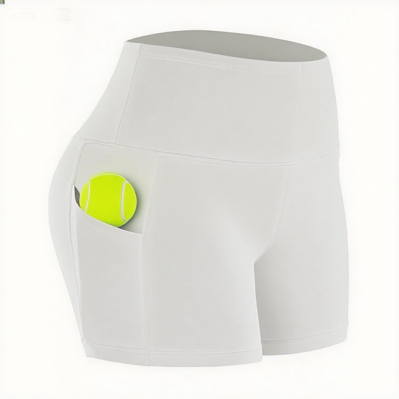 Professional Tennis Leggings, Sports Shorts for Women, High-Waisted, Slim-Fitting, Quick-Drying, with Ball Pocket, White Safety Shorts with Pockets for Women