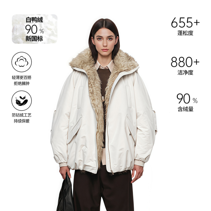 Rasp Winter Eco-Friendly Fur Patchwork Fur Collar Mountain Carving Parka down Jacket with Ruched Hem Jacket Coat Top