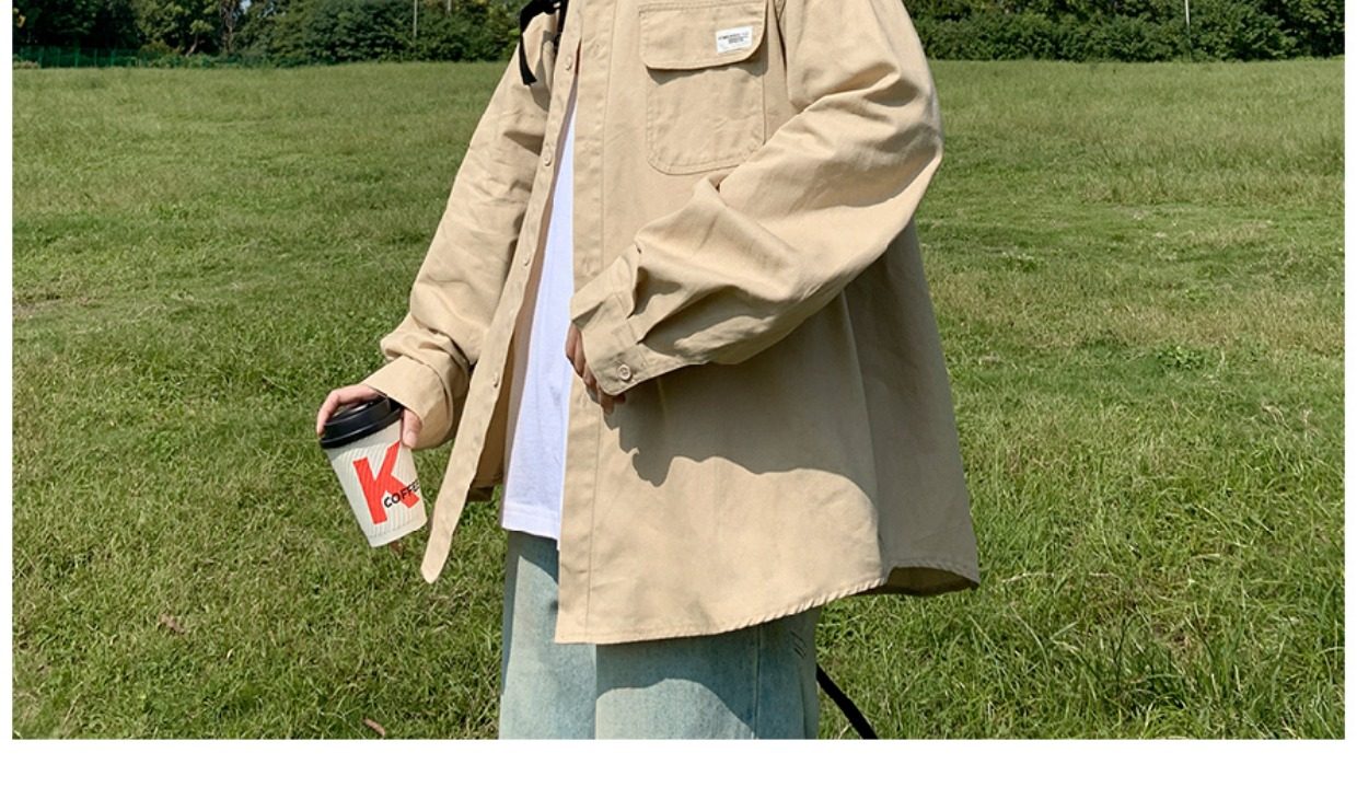 日系cityboy翻领衬衫男春秋季宽松百搭简约纯色外套帅气工装上衣详情6