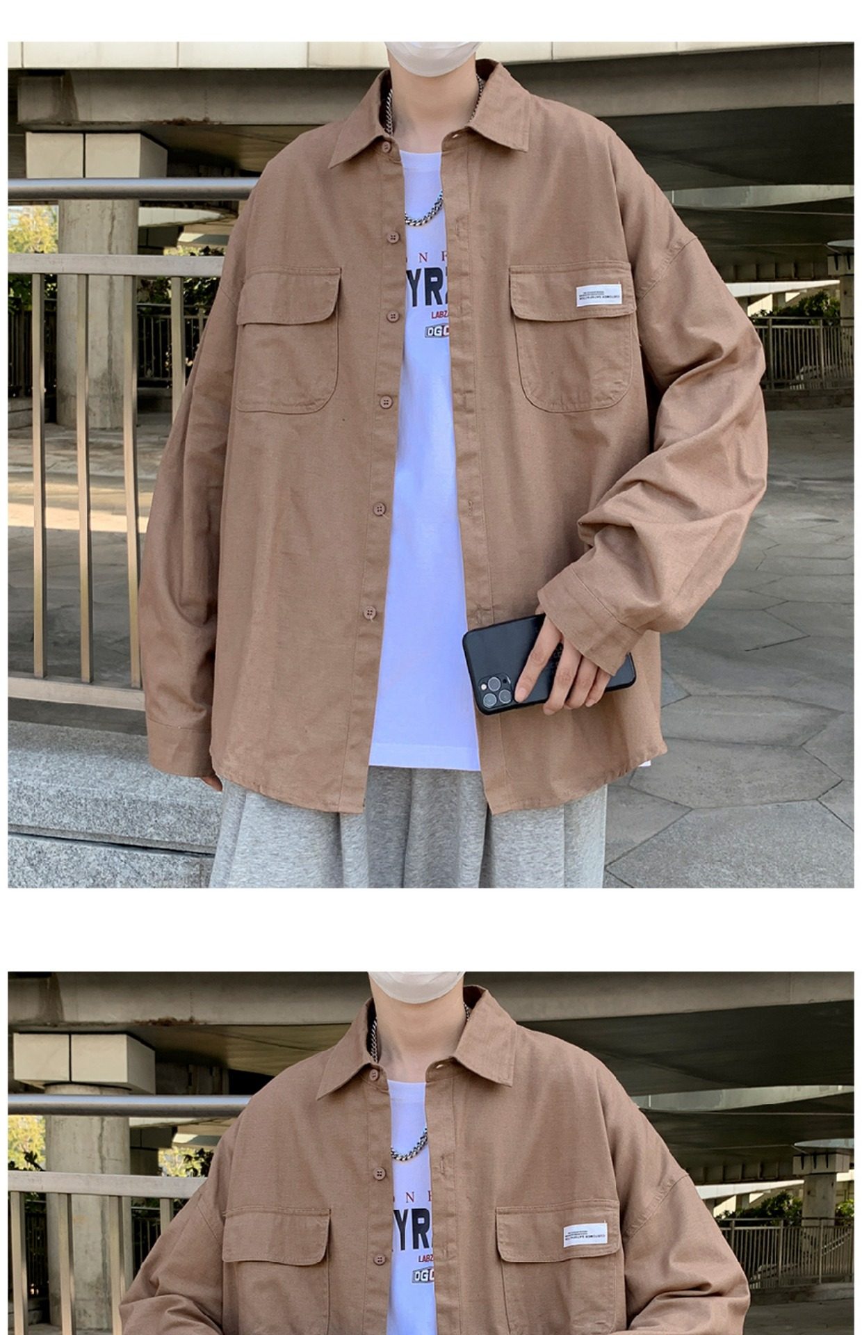 日系cityboy翻领衬衫男春秋季宽松百搭简约纯色外套帅气工装上衣详情23