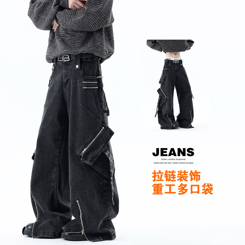 Zipper-Decorated Multi-Pocket Workwear Jeans for Men, American High Street Niche Hip-Hop Subculture, Distressed Wide-Leg Pants