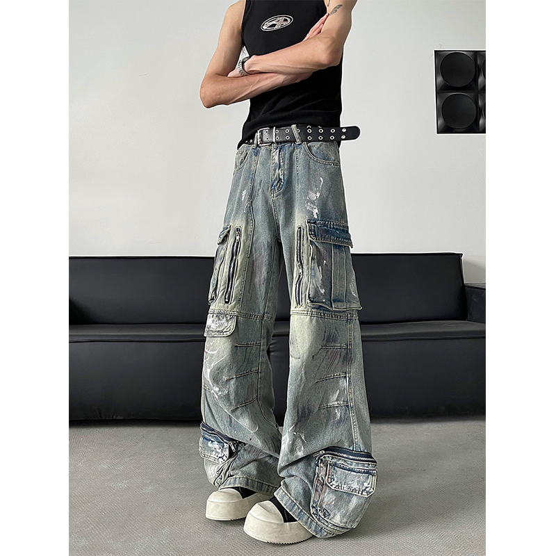 American-Style Spray-Painted Graffiti Heavy-Duty Jeans for Men, Hip-Hop Trendy Brand, High Street Niche, Loose Washed Wide-Leg Cargo Pants